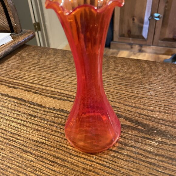 Vintage Orange Red Glass Swung Vase Ribbed Ruffled Stretch 5.75” Depression - Picture 6 of 6